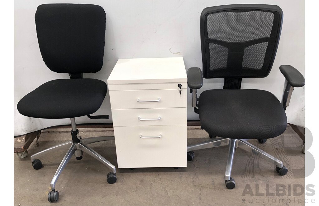 Three Drawer Mobile Pedestal Drawer Unit and Two Gaslift Chairs