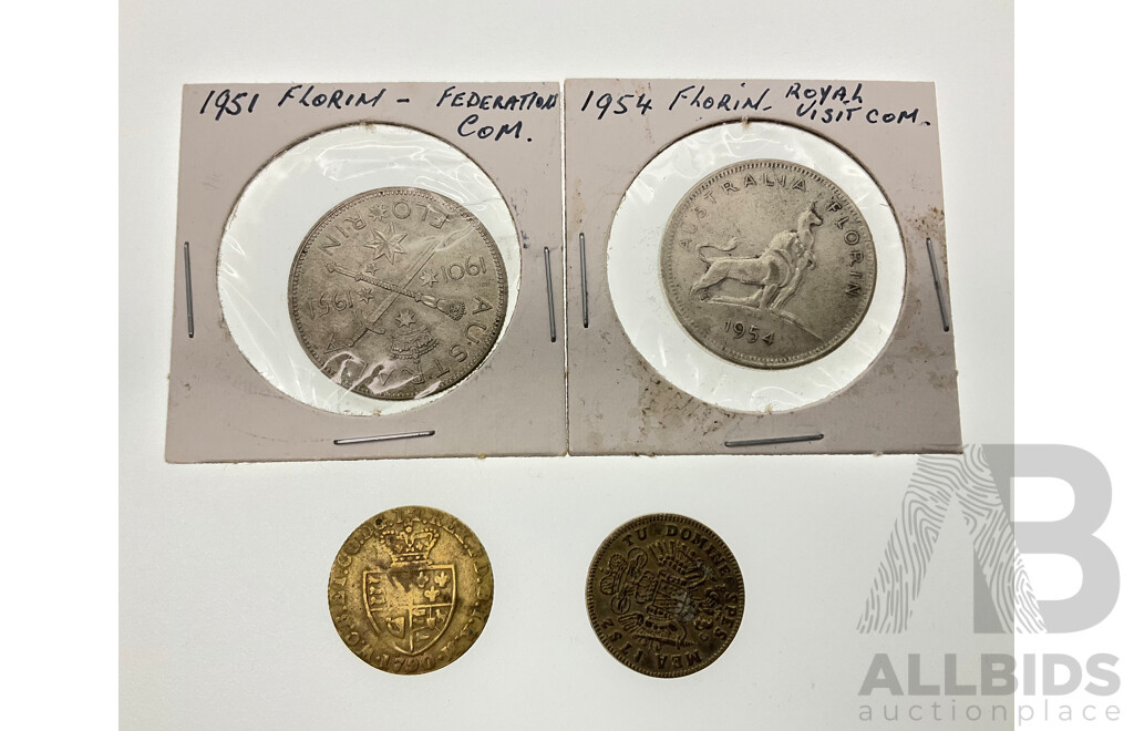 Australian Commemorative Silver Florins, 1951 and 1954 with Great Britain 1790 Spade Half Guinea, French Readers Diegest Token