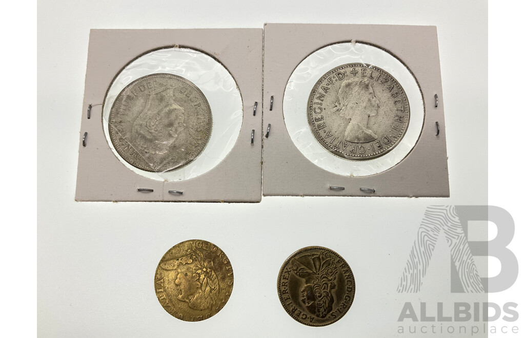 Australian Commemorative Silver Florins, 1951 and 1954 with Great Britain 1790 Spade Half Guinea, French Readers Diegest Token