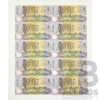 Ten Australian 1992 Five Dollar Notes, Fraser/Cole, Consecutive AB 13630266 - AB 13630275