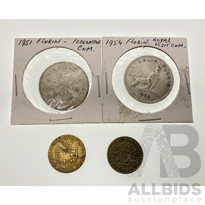 Australian Commemorative Silver Florins, 1951 and 1954 with Great Britain 1790 Spade Half Guinea, French Readers Diegest Token