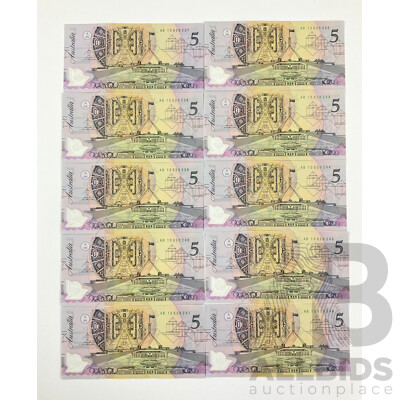 Ten Australian 1992 Five Dollar Notes, Fraser/Cole, Consecutive AB 13630237 - AB 13630246, Serial Ink Colour Change Black to Green