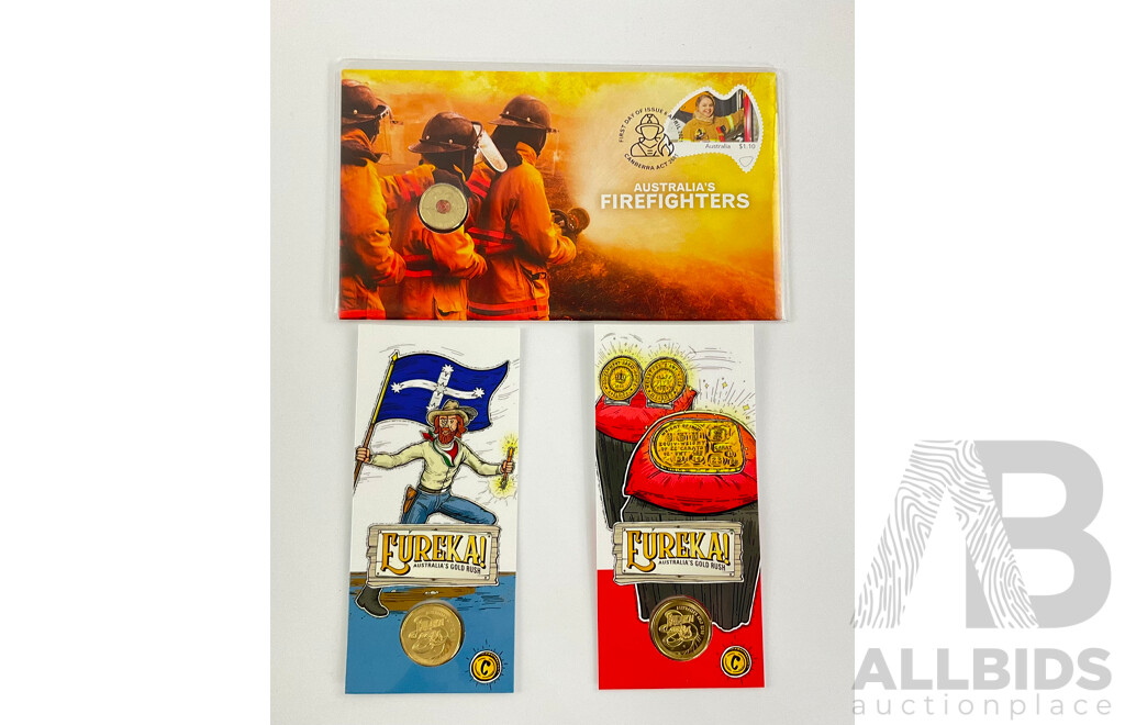 Two Australian RAM 2020 One Dollar Eureka C Mint Mark Coins with 2020 Fire Fighters PNC