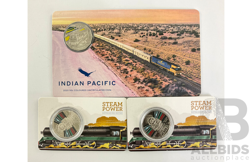Two Australian RAM 2022 Steam Power and 2020 Indian Pacific Fifty Cent Coins