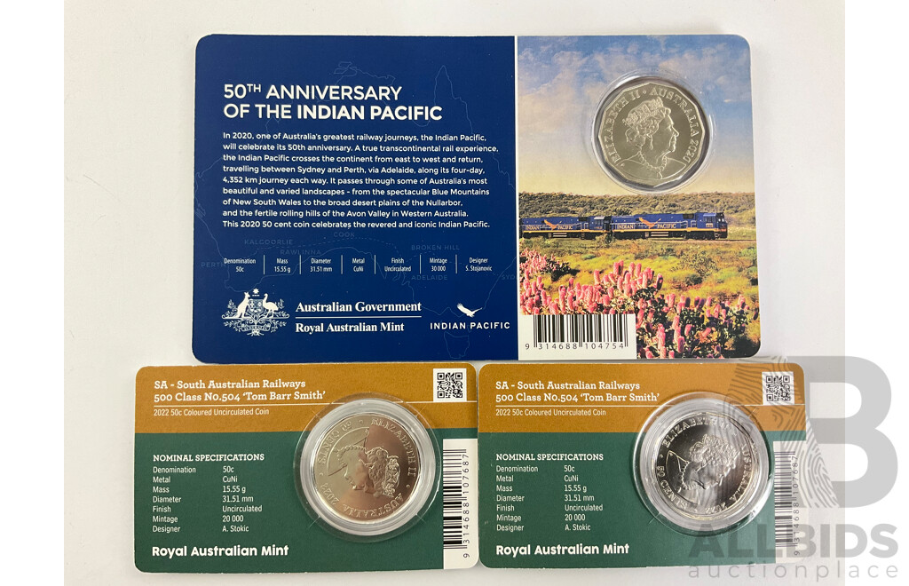 Two Australian RAM 2022 Steam Power and 2020 Indian Pacific Fifty Cent Coins