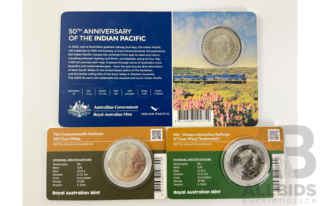 Two Australian RAM 2022 Steam Power and 2020 Indian Pacific Fifty Cent Coins