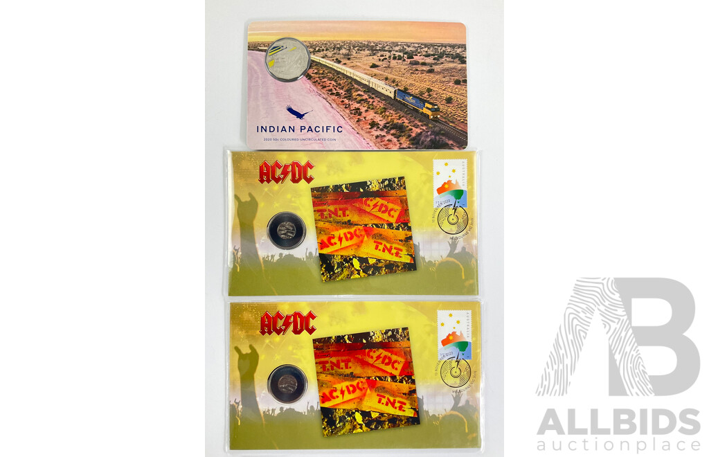 Two Australian AC/DC TNT PNCs with 2020 Indian Pacific Fifty Cent Coin