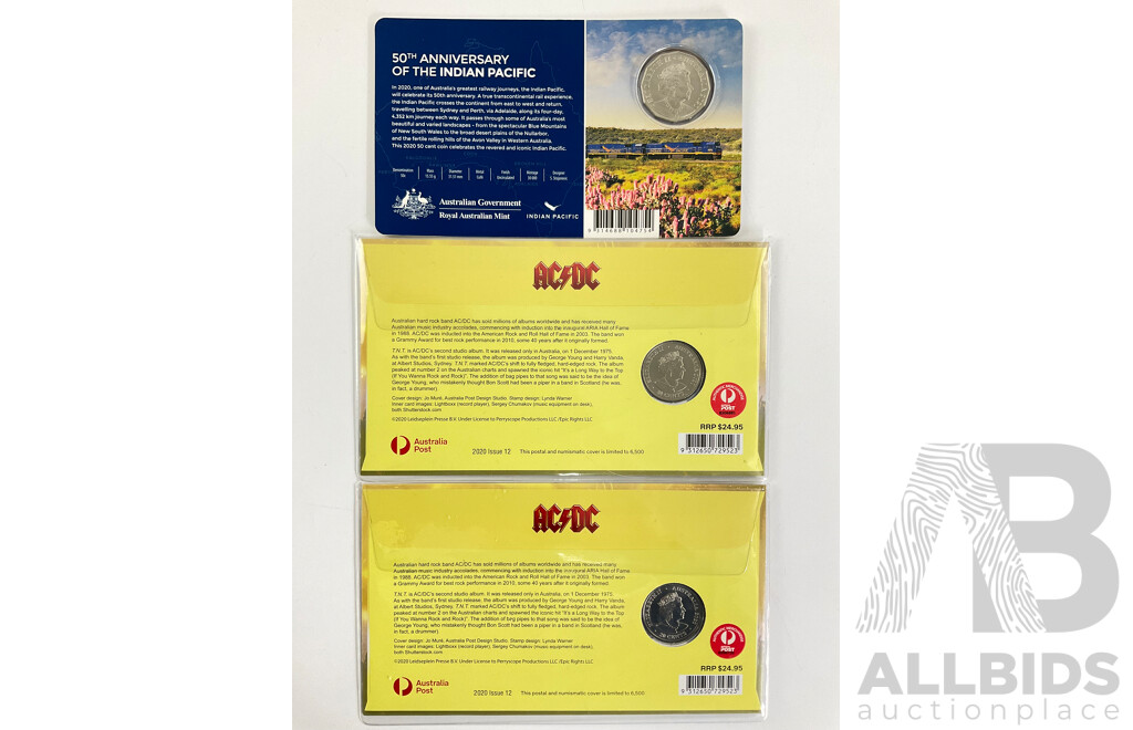 Two Australian AC/DC TNT PNCs with 2020 Indian Pacific Fifty Cent Coin