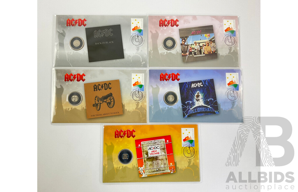 Five Australian AC/DC PNCs Including Back in Black, for Those About to Rock, High Voltage, Dirty Deeds Done Dirt Cheap, Ball Breaker