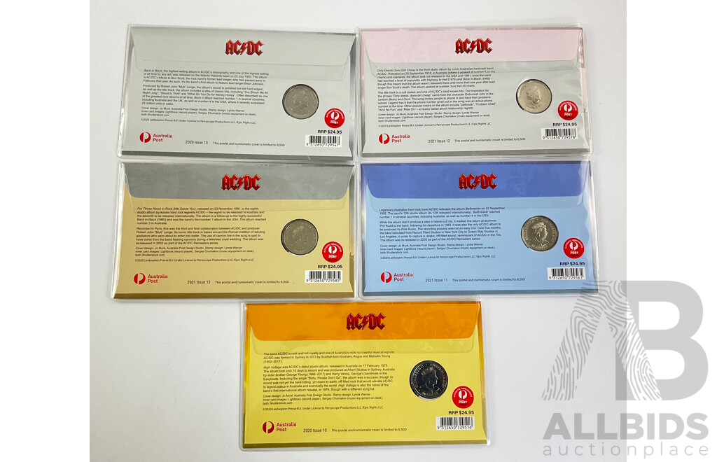 Five Australian AC/DC PNCs Including Back in Black, for Those About to Rock, High Voltage, Dirty Deeds Done Dirt Cheap, Ball Breaker