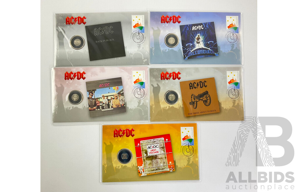 Five Australian AC/DC PNCs Including Back in Black, for Those About to Rock, High Voltage, Dirty Deeds Done Dirt Cheap, Ball Breaker