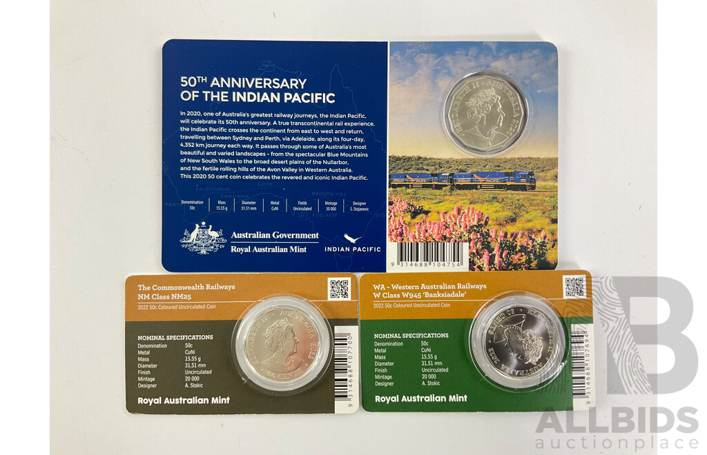 Australian RAM Two 2022 Steam Power and 2020 Indian Pacific Fifty Cent Coins