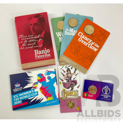 Australian RAM 2020 Three Commemorative Fifty Cent Coin Set, Banjo Paterson One Dollars 2019 England and Wales Cricket and 2020 Eureka C Mint Mark, 2020 Women's T20 Two Dollar