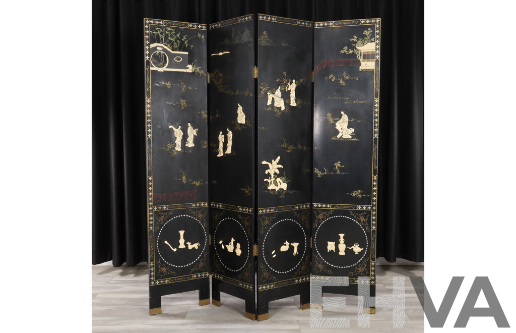 Vintage Chinese Four Panel Dressing Screen with Applied Bone Detail
