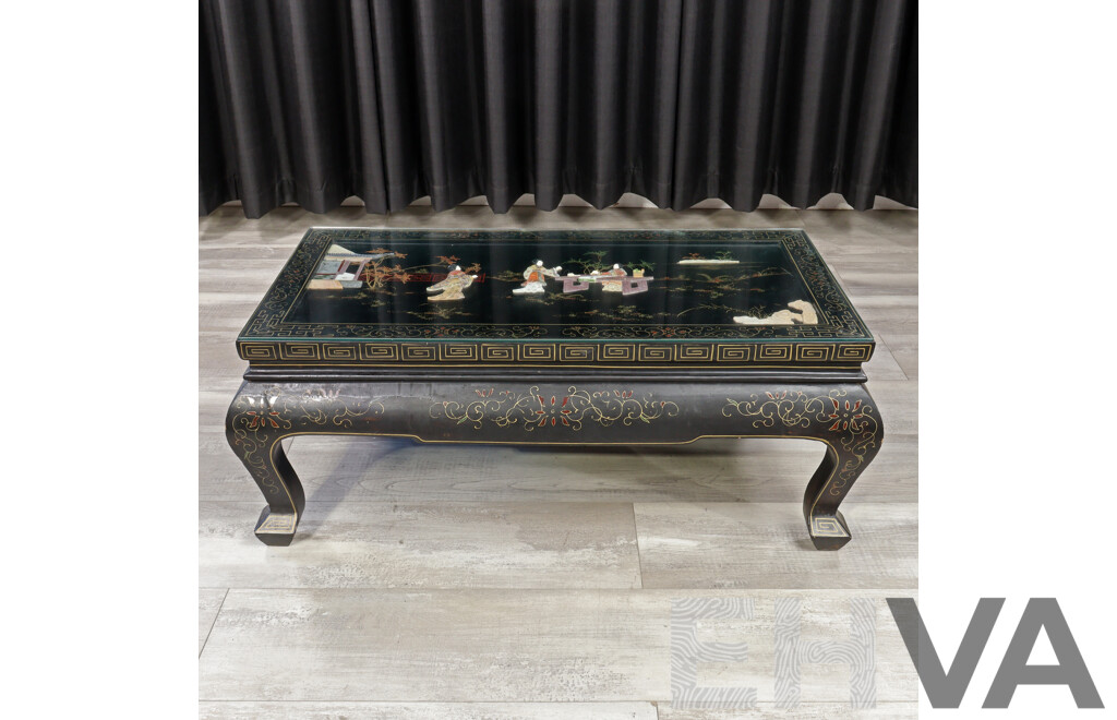 Vintage Chinese Coffee Table with Stone Inlay and Glass Top