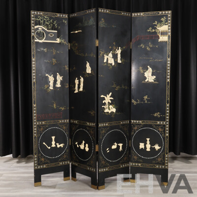 Vintage Chinese Four Panel Dressing Screen with Applied Bone Detail