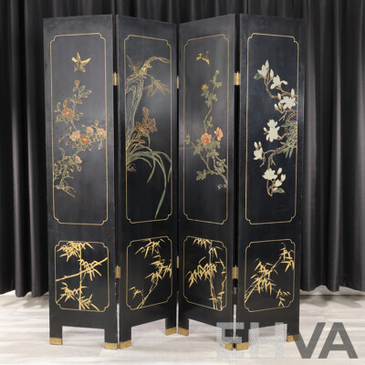 Vintage Chinese Four Panel Dressing Screen with Applied Bone Detail