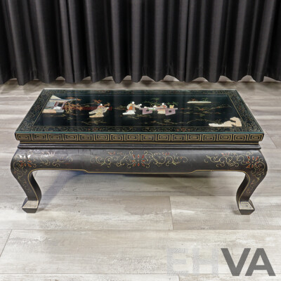 Vintage Chinese Coffee Table with Stone Inlay and Glass Top