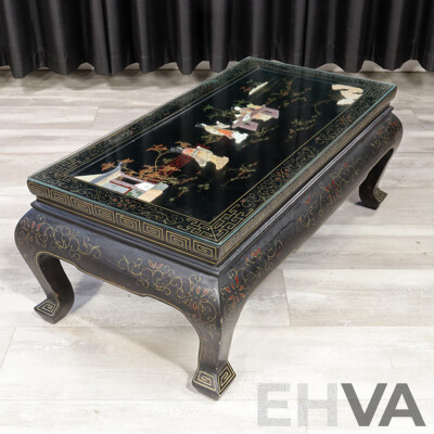 Vintage Chinese Coffee Table with Stone Inlay and Glass Top