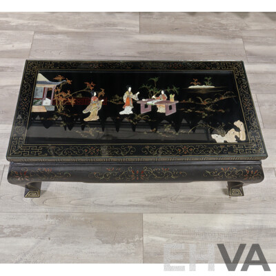 Vintage Chinese Coffee Table with Stone Inlay and Glass Top