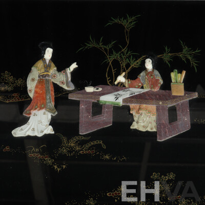 Vintage Chinese Coffee Table with Stone Inlay and Glass Top