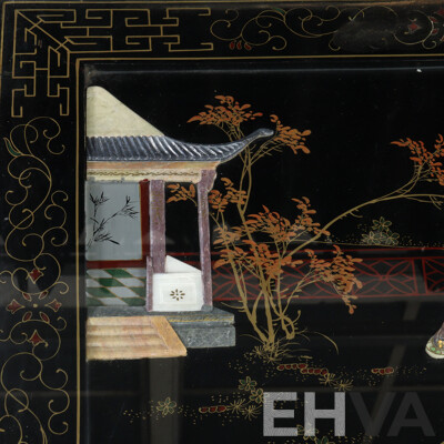 Vintage Chinese Coffee Table with Stone Inlay and Glass Top