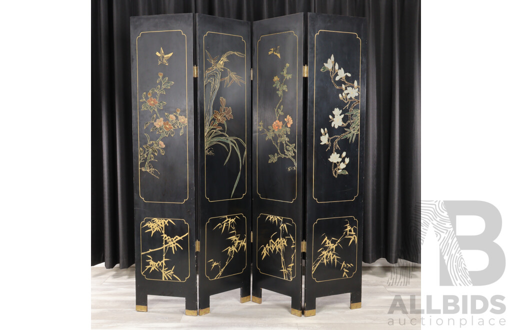 Vintage Chinese Four Panel Dressing Screen with Applied Bone Detail