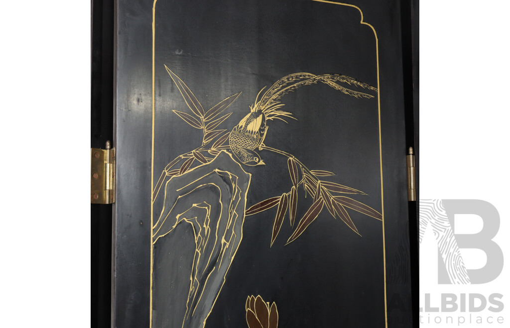 Vintage Chinese Four Panel Dressing Screen with Applied Bone Detail