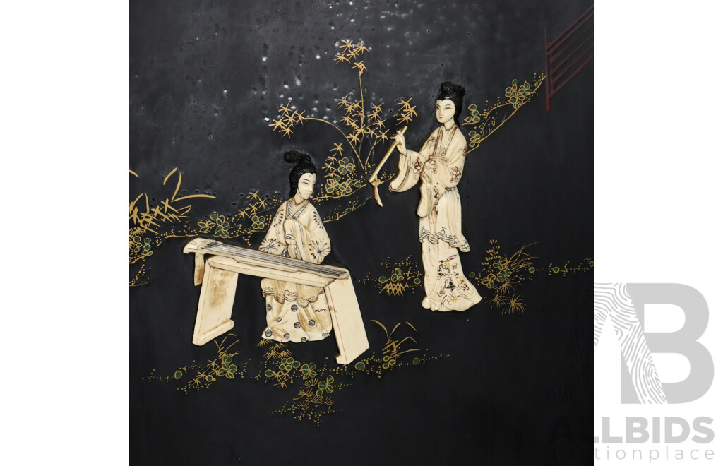Vintage Chinese Four Panel Dressing Screen with Applied Bone Detail
