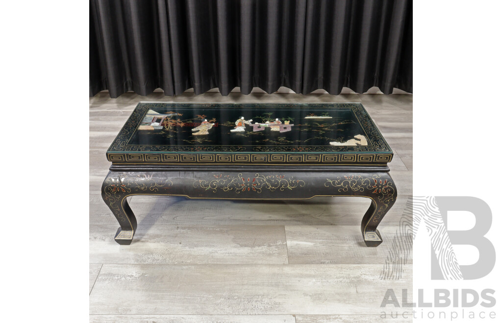 Vintage Chinese Coffee Table with Stone Inlay and Glass Top