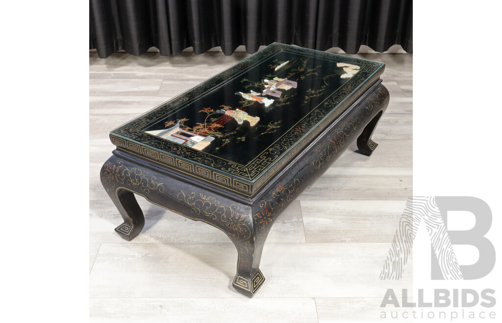Vintage Chinese Coffee Table with Stone Inlay and Glass Top