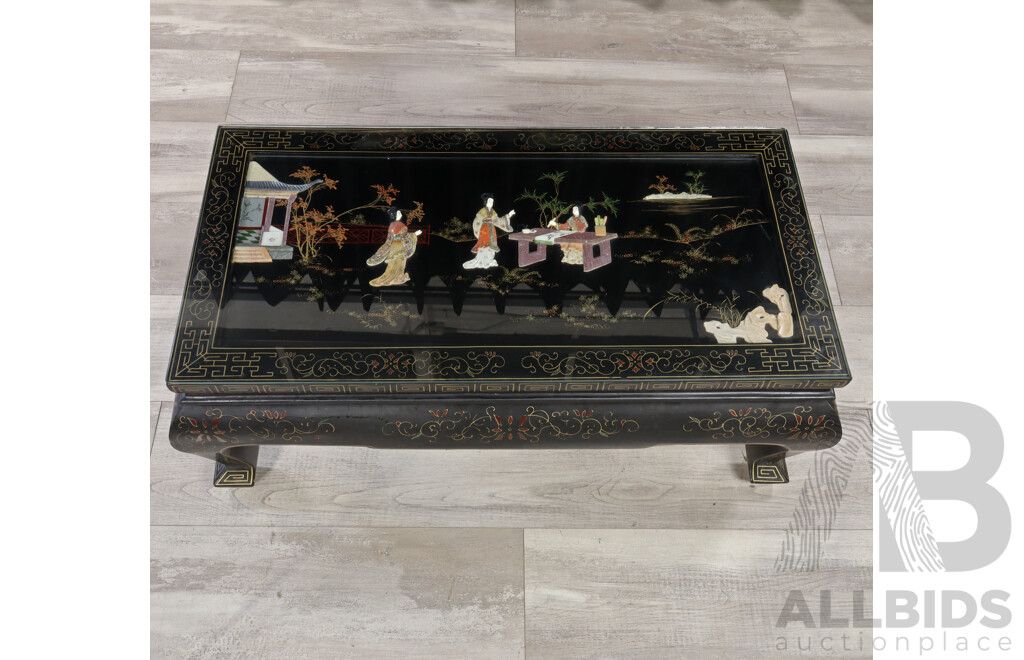Vintage Chinese Coffee Table with Stone Inlay and Glass Top