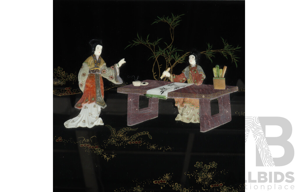 Vintage Chinese Coffee Table with Stone Inlay and Glass Top