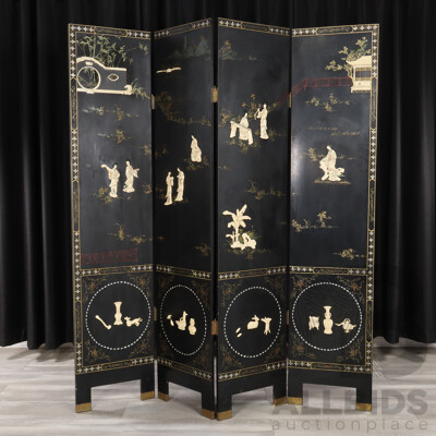 Vintage Chinese Four Panel Dressing Screen with Applied Bone Detail
