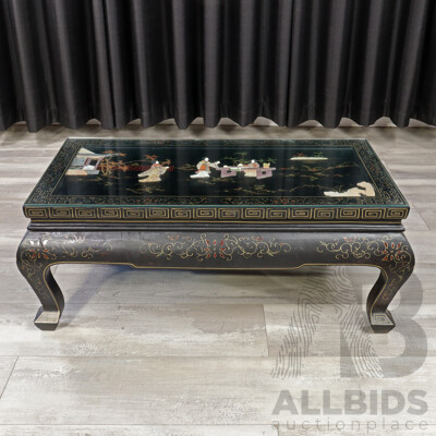 Vintage Chinese Coffee Table with Stone Inlay and Glass Top