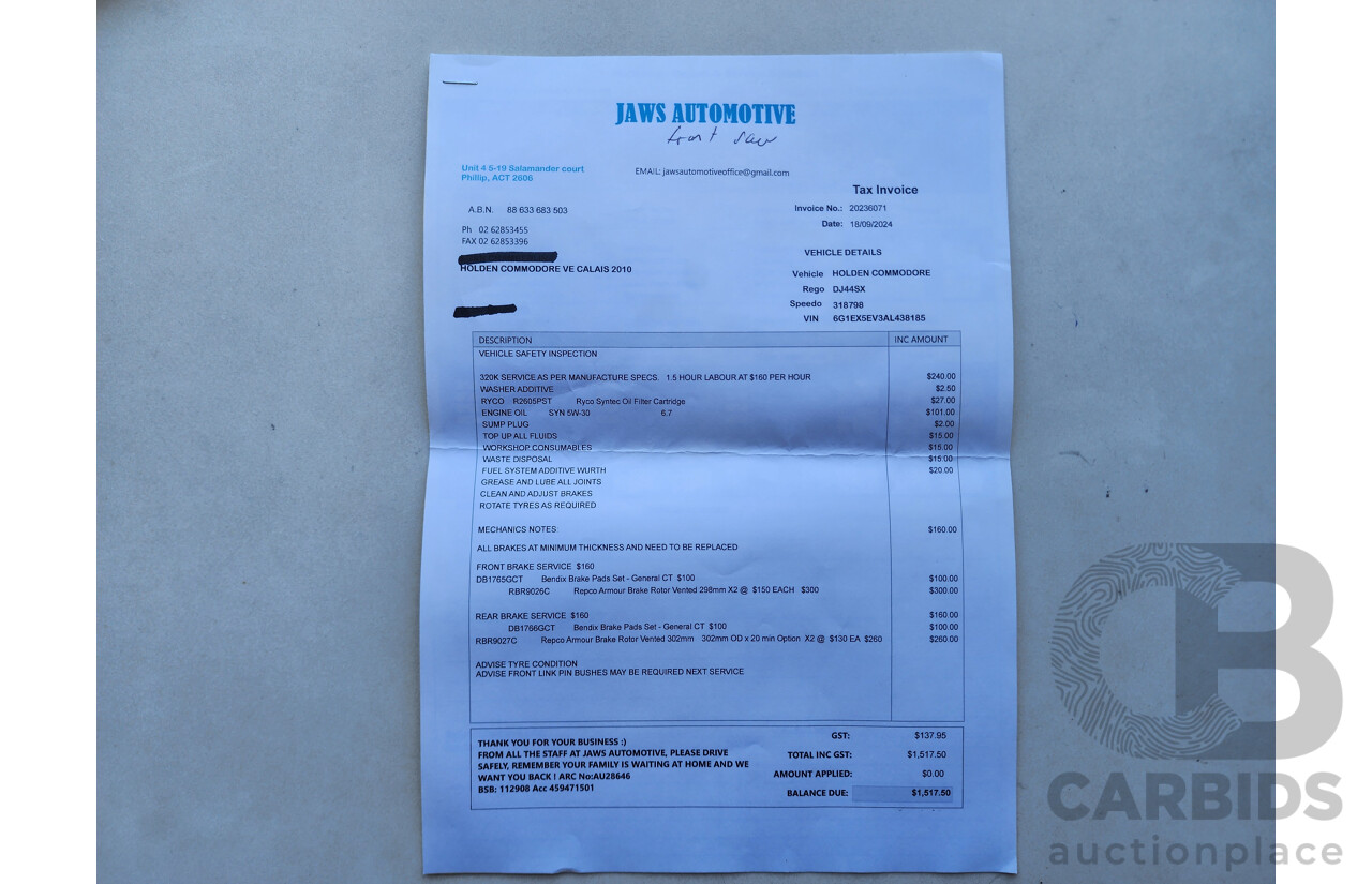 2/2010 Holden Calais  VE MY10 4d Sedan White 3.6L