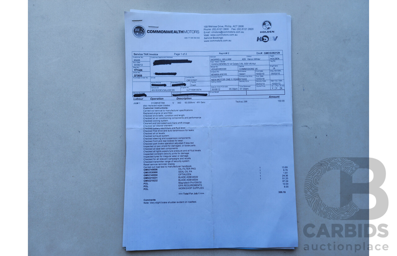 2/2010 Holden Calais  VE MY10 4d Sedan White 3.6L