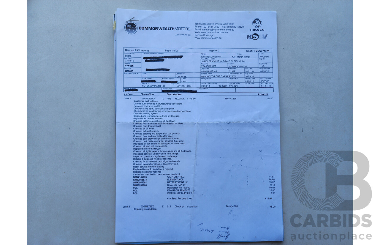 2/2010 Holden Calais  VE MY10 4d Sedan White 3.6L