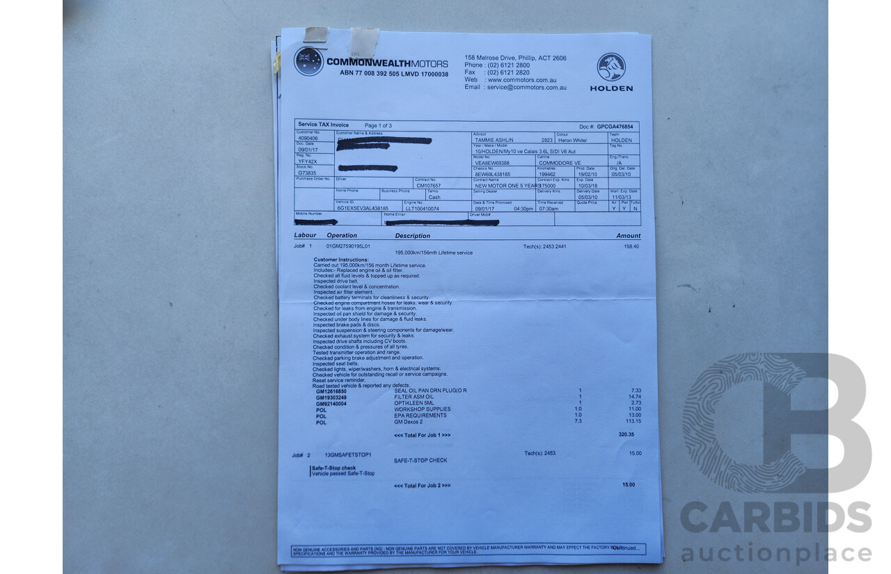 2/2010 Holden Calais  VE MY10 4d Sedan White 3.6L