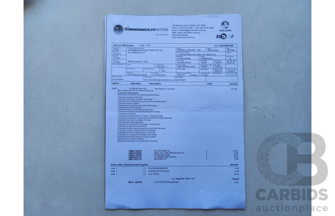 2/2010 Holden Calais  VE MY10 4d Sedan White 3.6L