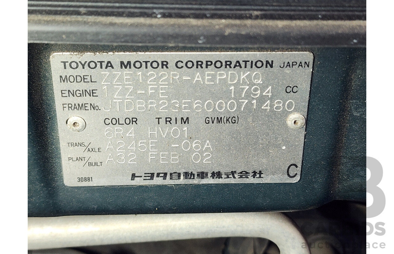 3/2002 Toyota Corolla Ascent ZZE122R 4d Sedan Green 1.8L
