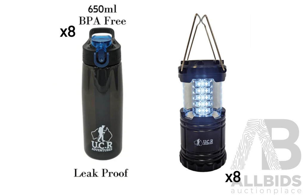U.C.R Adventures LED Lantern X8 & Filtered Drink Bottle X8 - Lot of 16