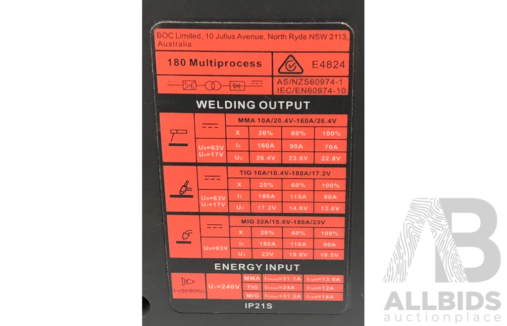 BOC Smootharc 180 Multiprocess  Inverter MIG/MMA/TIG Welder
