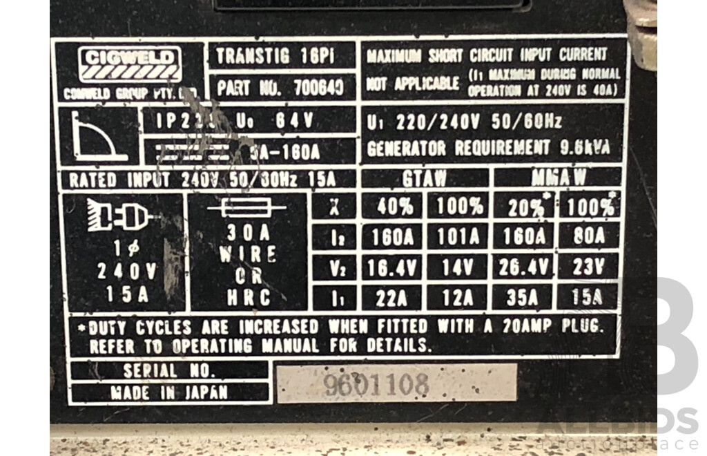 Cigweld Transtig 16Pi TIG Welder