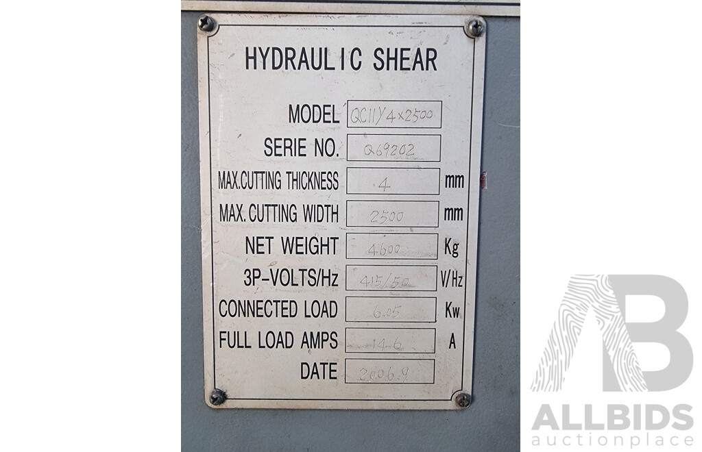 09/2006, CMT AU 4 X 2500, Industrial Hydraulic Sheer Guillotine Machine