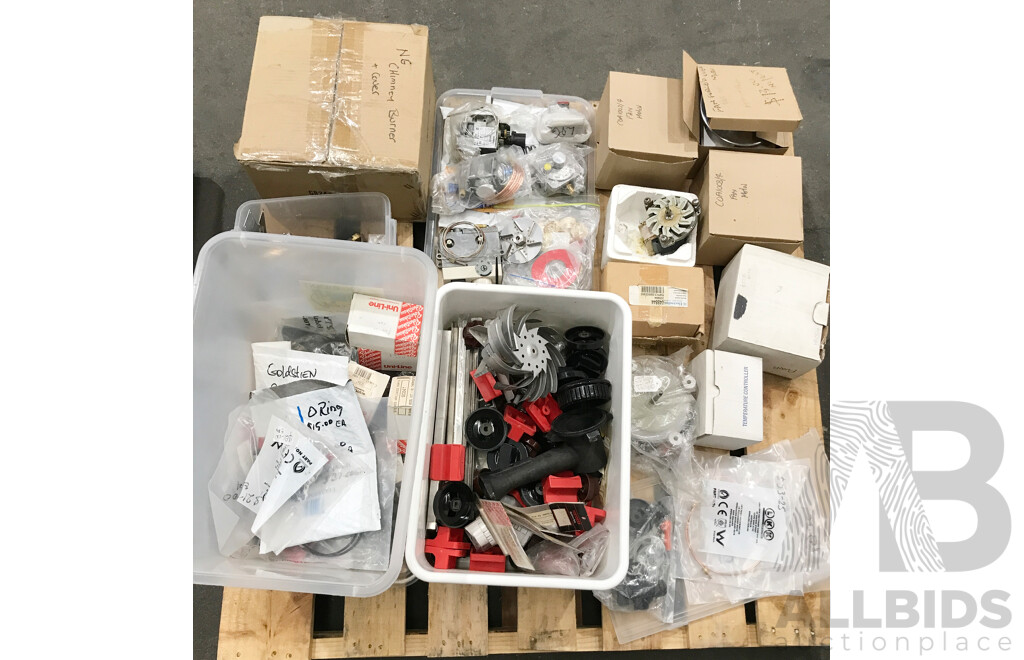 Pallet Lot of Assorted Catering Equipment & Parts Including Gas Knobs, Valves, Regulators, Burner Jets, and More
