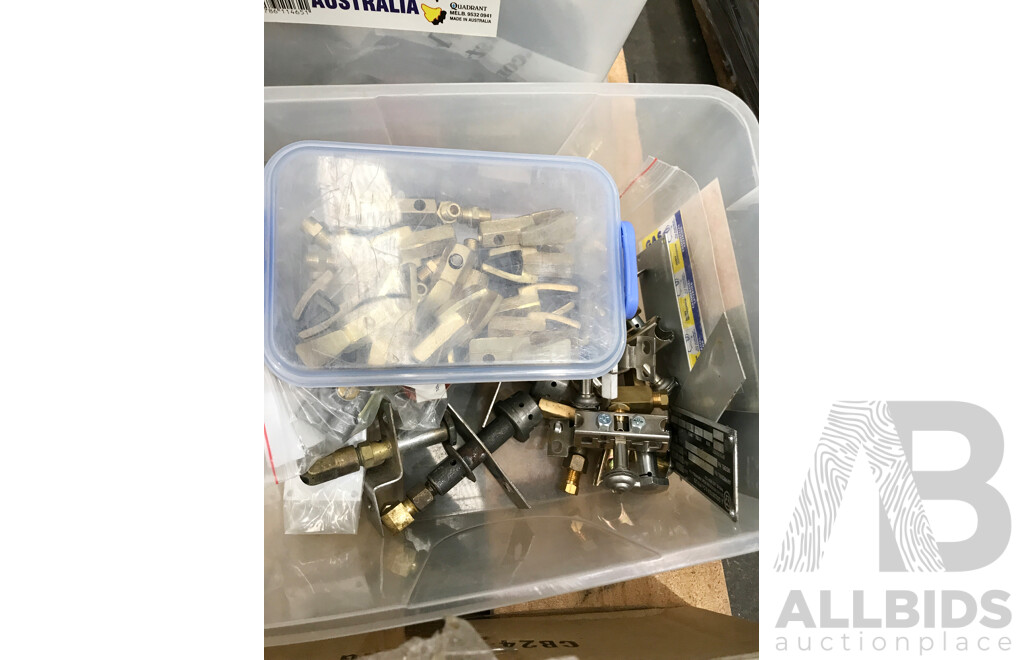 Pallet Lot of Assorted Catering Equipment & Parts Including Gas Knobs, Valves, Regulators, Burner Jets, and More