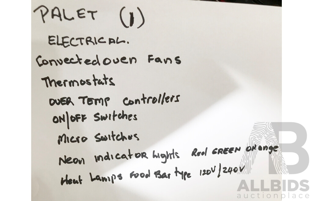 Pallet Lot of Assorted Catering Equipment & Parts Such as Oven Fans, Thermostats, Micro Switches, Indicator Lights, and More