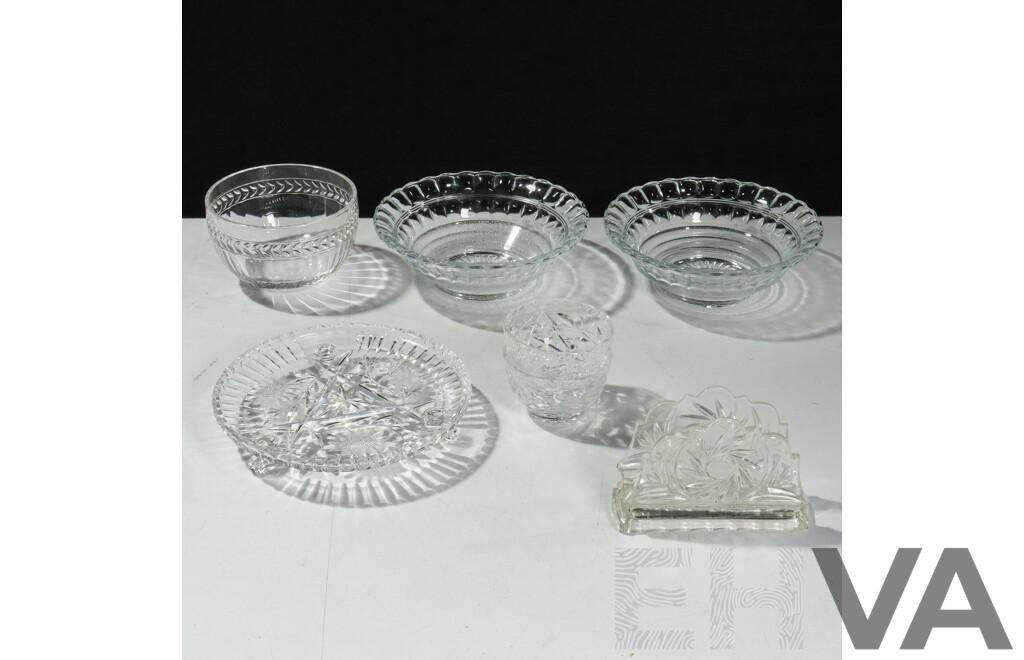Collection of Crystal Ware - Three Medium Bowls, Two Smaller Bowls, One Cake Serving Tray and Serviette Holder (7)