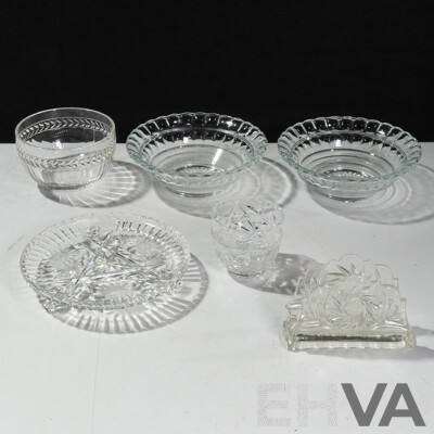 Collection of Crystal Ware - Three Medium Bowls, Two Smaller Bowls, One Cake Serving Tray and Serviette Holder (7)